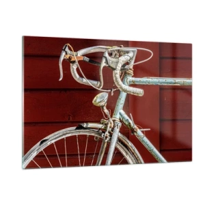 Obraz na szkle - Stary rower szosowy z lat 70. na tle czerwonej drewnianej ściany - 120x80cm - Stworzony do zwycięstw - Nowoczesna dekoracja ścienna do salonu, kuchni i sypialni ARTTOR