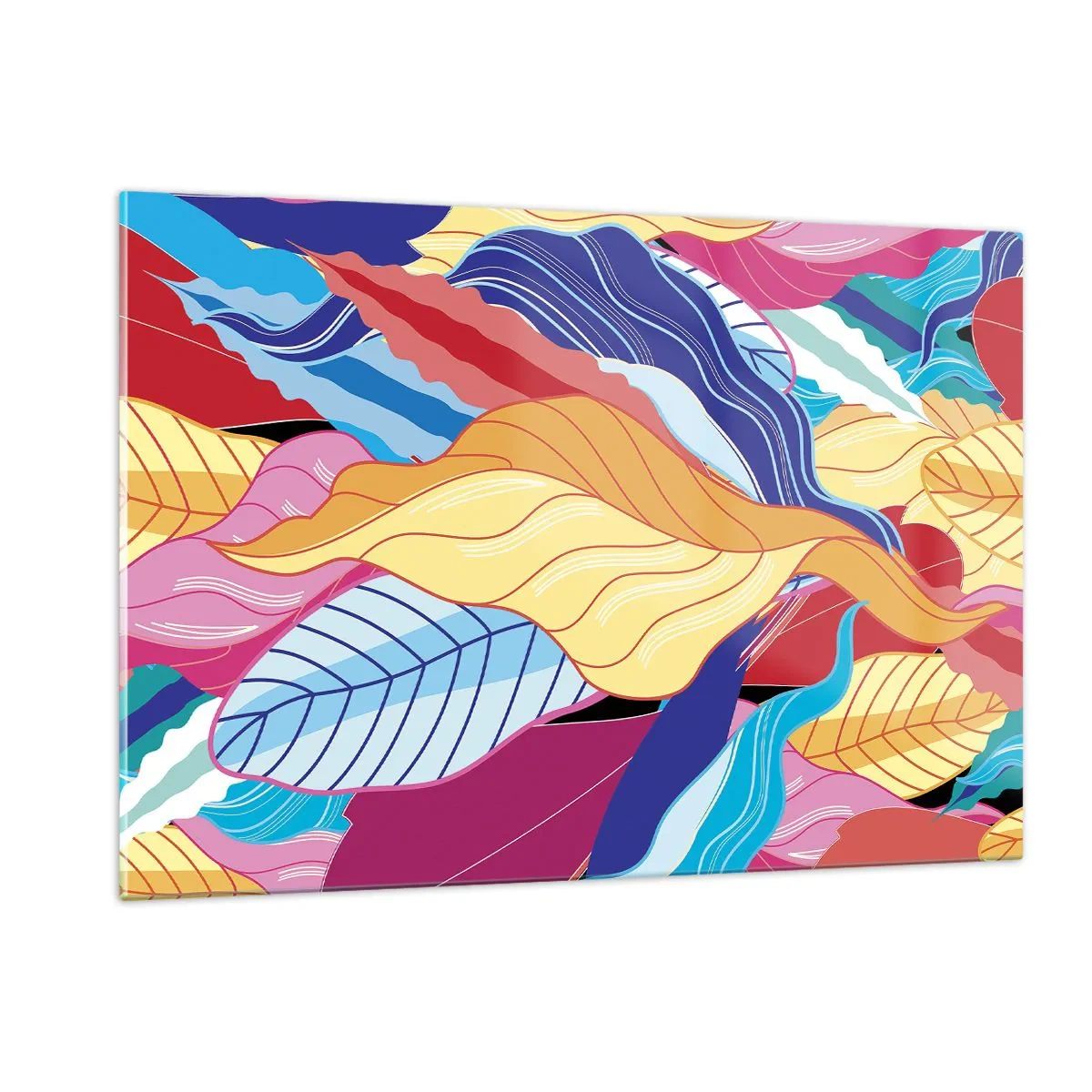 Obraz na szkle - Kolorowe abstrakcyjne liście na szklanym tle - 120x80cm - Kolorowy bałagan - Nowoczesna dekoracja ścienna do salonu, kuchni i sypialni ARTTOR