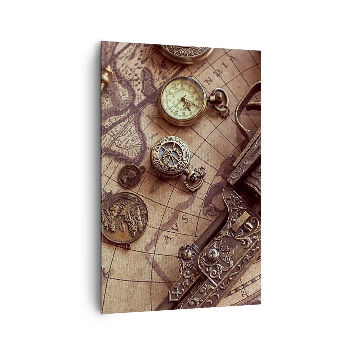Obraz na płótnie - Zabytkowe przedmioty na starej mapie w retro stylu - 80x120cm - Przygoda wzywa - Nowoczesna dekoracja ścienna do salonu i sypialni ARTTOR