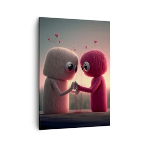 Obraz na płótnie - Urocze postacie z włóczki trzymające się za ręce z sercami unoszącymi się nad głowami - 50x70cm - Każdemu wolno kochać - Nowoczesna dekoracja ścienna do salonu, kuchni i sypialni ARTTOR