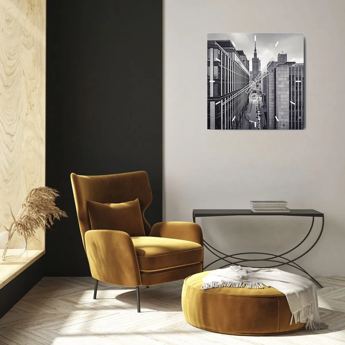 Zegar ścienny - Panorama Warszawy z widokiem na Pałac Kultury i otaczające budynki - 30x30cm - Warszawska dolina - Nowoczesna dekoracja ścienna do salonu i sypialni ARTTOR