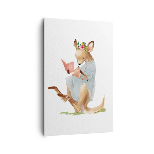 Obraz na płótnie - Kangurzyca czytająca książkę z dzieckiem - 80x120cm - Poczytaj mi, mamo - Nowoczesna dekoracja ścienna do salonu i sypialni ARTTOR