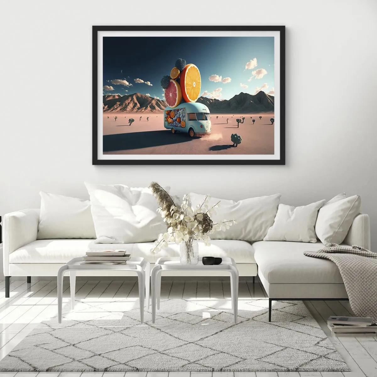 Plakat w czarnej ramie - Furgonetka z owocami w pustynnym krajobrazie - 70x50cm - Smak wakacji - Nowoczesna dekoracja ścienna do salonu i sypialni ARTTOR
