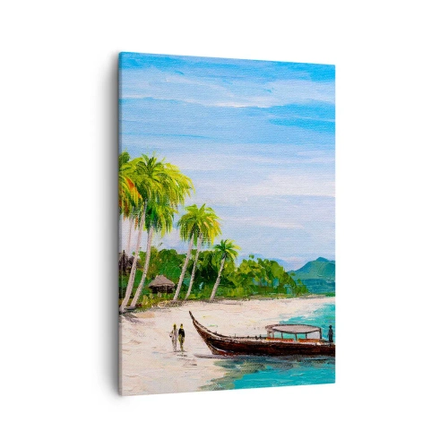 Obraz na płótnie - Tropikalna plaża z palmami, łodzią i turkusowym morzem - 50x70cm - Egzotyczny sen - Nowoczesna dekoracja ścienna do salonu, kuchni i sypialni ARTTOR