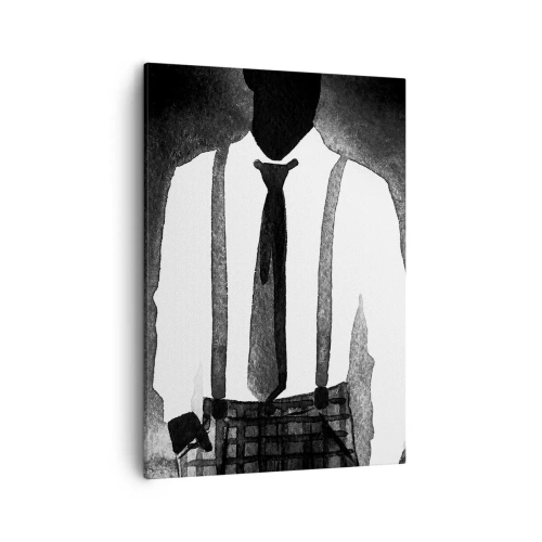 Obraz na płótnie - Czarno-biała ilustracja mężczyzny w koszuli, szelkach i krawacie - 50x70cm - W klimacie noir - Nowoczesna dekoracja ścienna do salonu, kuchni i sypialni ARTTOR