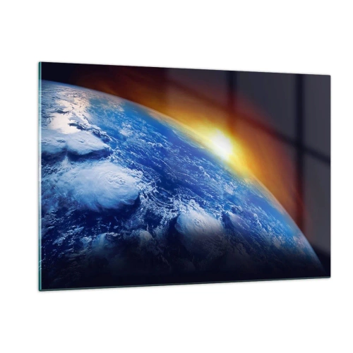 Obraz na szkle - Ziemia w kosmosie oświetlona promieniami słońca - 120x80cm - Wschód słońca nad błękitną planetą - Nowoczesna dekoracja ścienna do salonu, kuchni i sypialni ARTTOR