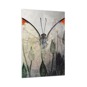 Obraz na szkle - Artystyczny motyl w otoczeniu delikatnych kwiatów na szarym tle - 50x70cm - "Kędy się motyl kołysa na trawie" - Nowoczesna dekoracja ścienna do salonu, kuchni i sypialni ARTTOR