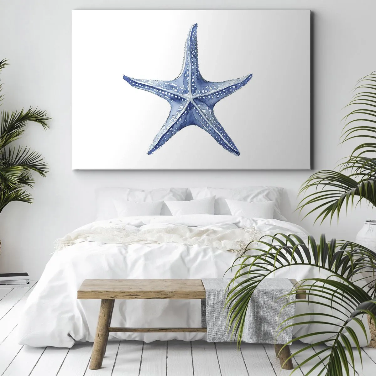 Obraz na płótnie - Niebieska rozgwiazda na białym tle w minimalistycznym stylu - 70x50cm - Gwiazda morza - Nowoczesna dekoracja ścienna do salonu i sypialni ARTTOR