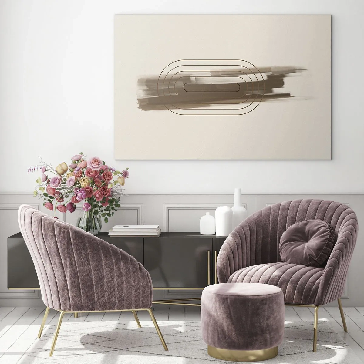 Obraz na szkle - Abstrakcja w odcieniach brązu z minimalistycznym wzorem - 70x50cm - Powiew szarości - Nowoczesna dekoracja ścienna do salonu i sypialni ARTTOR