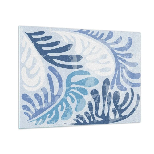 Obraz na szkle - Dekoracyjne liście paproci w odcieniach błękitu na jasnym tle - 70x50cm - Błękitne paprocie - Nowoczesna dekoracja ścienna do salonu i sypialni ARTTOR