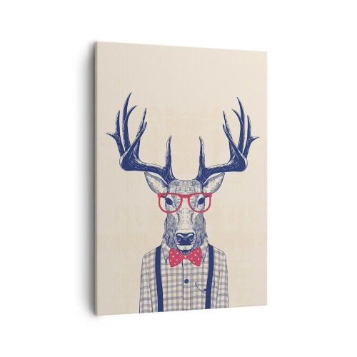 Obraz na płótnie - Jeleń w okularach i muszce - 50x70cm - Zabawna ekstrawagancja - Nowoczesna dekoracja ścienna do salonu, kuchni i sypialni ARTTOR