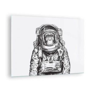 Obraz na szkle - Szkic małpy w stroju astronauty na białym tle - 70x50cm - Alternatywna ewolucja - Nowoczesna dekoracja ścienna do salonu i sypialni ARTTOR