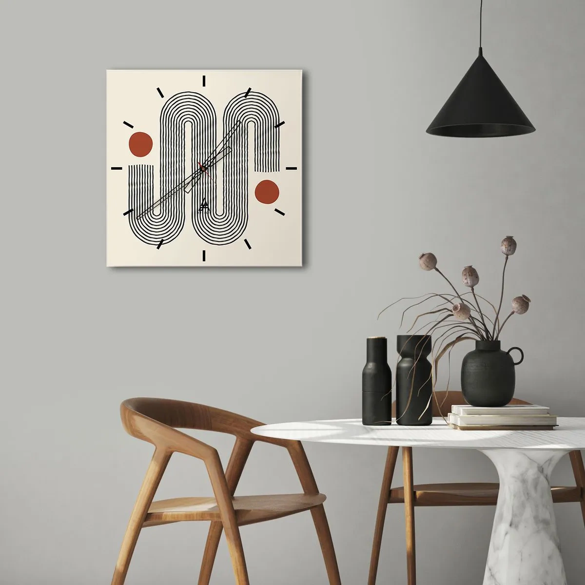 Zegar ścienny - Geometryczny wzór z liniami i pomarańczowymi okręgami - 30x30cm - Od początku do końca - Nowoczesna dekoracja ścienna do salonu i sypialni ARTTOR