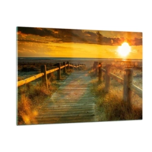 Obraz na szkle - Drewniana ścieżka prowadząca ku zachodzącemu słońcu - 120x80cm - Skąpane w starym złocie - Nowoczesna dekoracja ścienna do salonu, kuchni i sypialni ARTTOR