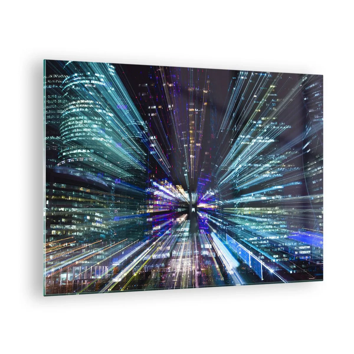 Obraz na szkle - Dynamiczne linie świetlne na tle nocnego miasta - 70x50cm - Przejście w nadprzestrzeń - Nowoczesna dekoracja ścienna do salonu i sypialni ARTTOR