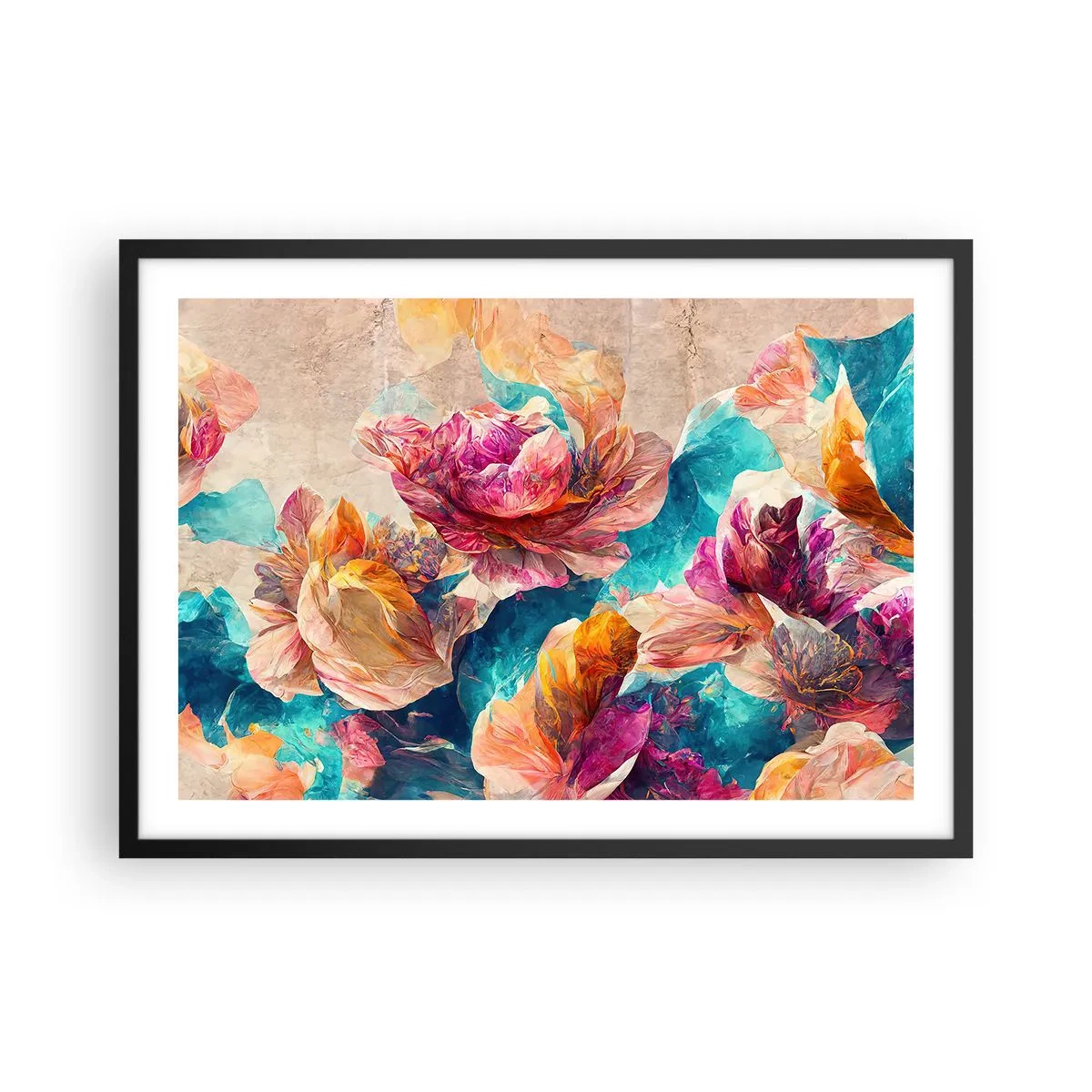 Plakat w czarnej ramie - Kolorowe kwiaty na beżowym tle - 70x50cm - Barwny przepych bukietu - Nowoczesna dekoracja ścienna do salonu i sypialni ARTTOR