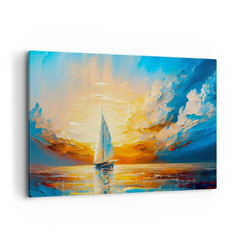 Obraz na płótnie - Żaglówka na tle zachodzącego słońca i barwnych chmur - 120x80cm - Żegluga w złocie - Nowoczesna dekoracja ścienna do salonu, kuchni i sypialni ARTTOR