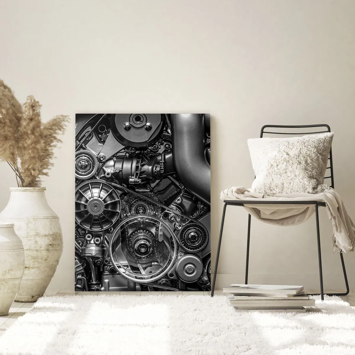 Obraz na szkle - Czarno-białe zbliżenie na mechaniczne detale silnika samochodu - 70x100cm - Poezja mechaniki - Nowoczesna dekoracja ścienna do salonu i sypialni ARTTOR