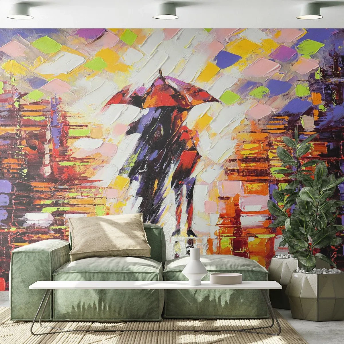 Fototapeta Premium Sand - Para pod czerwoną parasolką w malarskiej impresji miasta - 100x70cm - Razem przez noc i deszcz - Nowoczesna dekoracja ścienna do salonu, kuchni i sypialni ARTTOR