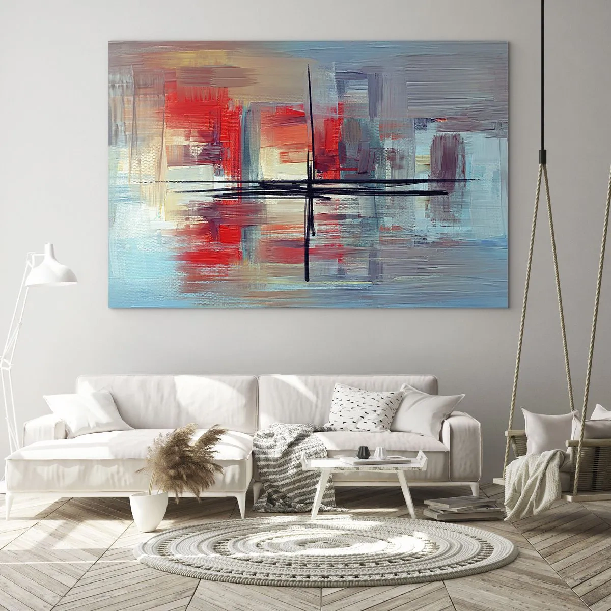 Obraz na szkle - Kolorowa abstrakcja z czerwienią i błękitem inspirowana pejzażem - 70x50cm - Pejzaż w nieznanym wymiarze - Nowoczesna dekoracja ścienna do salonu i sypialni ARTTOR