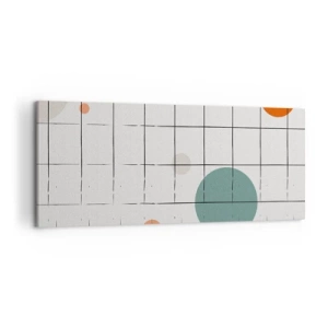 Obraz na płótnie - Abstrakcyjne okręgi w kolorach na tle geometrycznej siatki - 120x50cm - Uwięzione. My czy one? - Nowoczesna dekoracja ścienna do salonu i sypialni ARTTOR