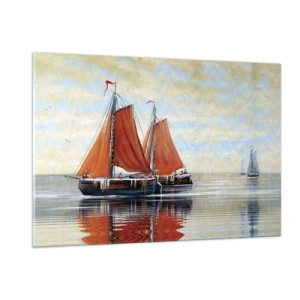 Obraz na szkle - Żaglowce na spokojnym morzu o zachodzie słońca - 120x80cm - Hej, żeglujże, żeglarzu… - Nowoczesna dekoracja ścienna do salonu, kuchni i sypialni ARTTOR