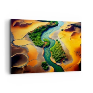 Obraz na płótnie - Zielona rzeka w otoczeniu złotych piasków i roślinności - 100x70cm - Życiodajna rzeka - Nowoczesna dekoracja ścienna do salonu, kuchni i sypialni ARTTOR