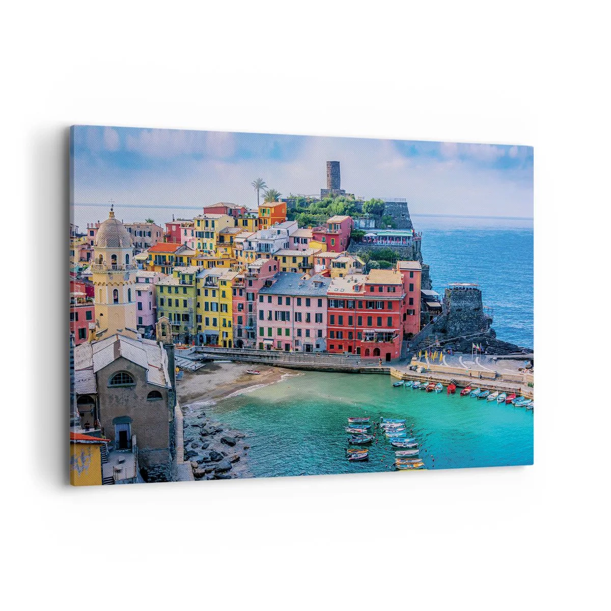 Obraz na płótnie - Kolorowe miasteczko nad morzem z malowniczym portem - 120x80cm - Śródziemnomorskie magiczne miasteczko - Nowoczesna dekoracja ścienna do salonu, kuchni i sypialni ARTTOR