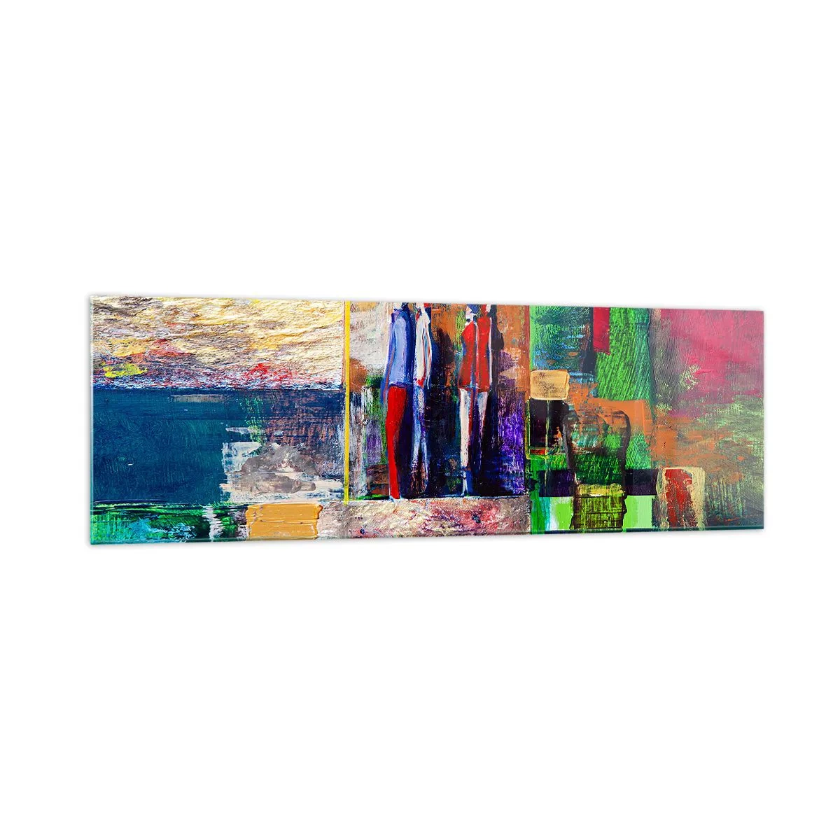 Obraz na szkle - Abstrakcyjna kompozycja z postaciami i geometrycznymi wzorami - 160x50cm - Relacje i emocje - Nowoczesna dekoracja ścienna do salonu i sypialni ARTTOR