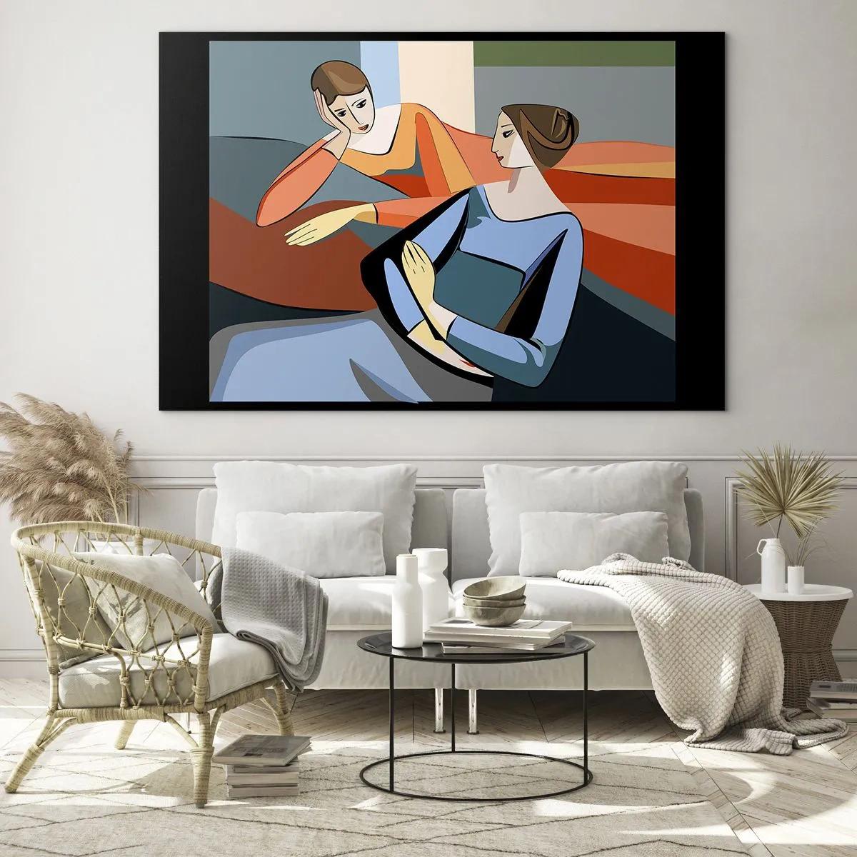 Obraz na szkle - Geometryczna scena rozmowy dwóch kobiet na tle wnętrza - 70x50cm - Chwila zwierzeń - Nowoczesna dekoracja ścienna do salonu i sypialni ARTTOR