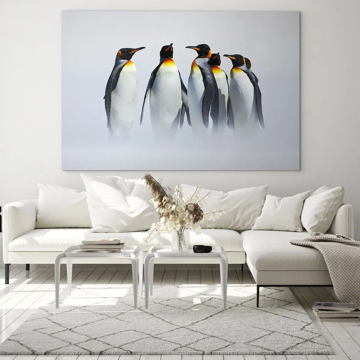 Obraz na szkle - Grupa pingwinów w zimowej scenerii - 100x70cm - Spotkanie w wieczorowych strojach - Nowoczesna dekoracja ścienna do salonu, kuchni i sypialni ARTTOR