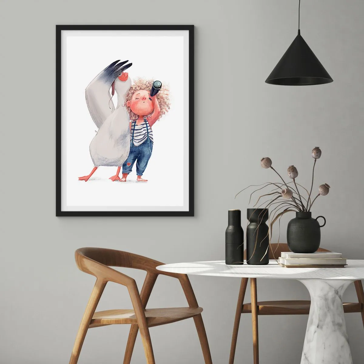 Plakat w czarnej ramie - Plan wielkiej podróży - Ilustracja dziecka z lornetką i towarzyszącym ptakiem - 50x70cm