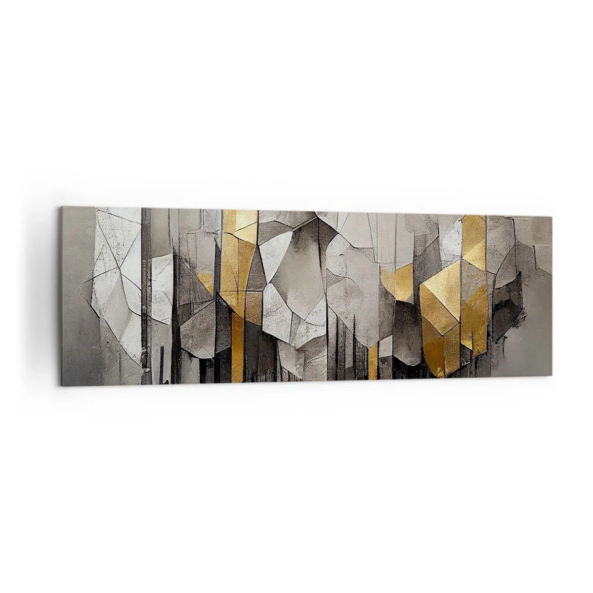 Obraz na płótnie - Geometryczna abstrakcja w odcieniach złota i szarości - 160x50cm - Kompozycja z lodu i światła - Nowoczesna dekoracja ścienna do salonu i sypialni ARTTOR