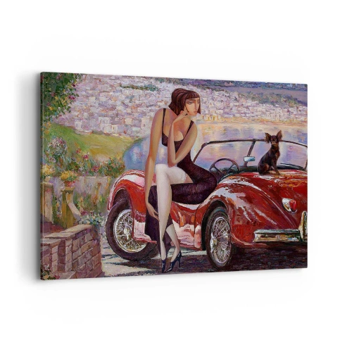 Obraz na płótnie - Kobieta przy czerwonym samochodzie na tle miasteczka - 100x70cm - Lato? Tylko na Rivierze - Nowoczesna dekoracja ścienna do salonu, kuchni i sypialni ARTTOR