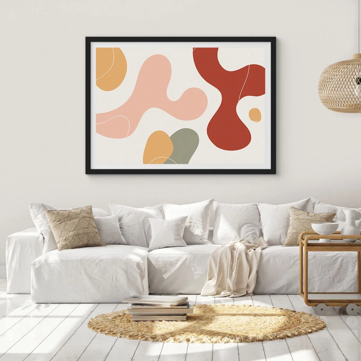 Plakat w czarnej ramie - Abstrakcyjna kompozycja w pastelowych odcieniach z dynamicznymi kształtami - 70x50cm - Esy czy floresy? - Nowoczesna dekoracja ścienna do salonu i sypialni ARTTOR