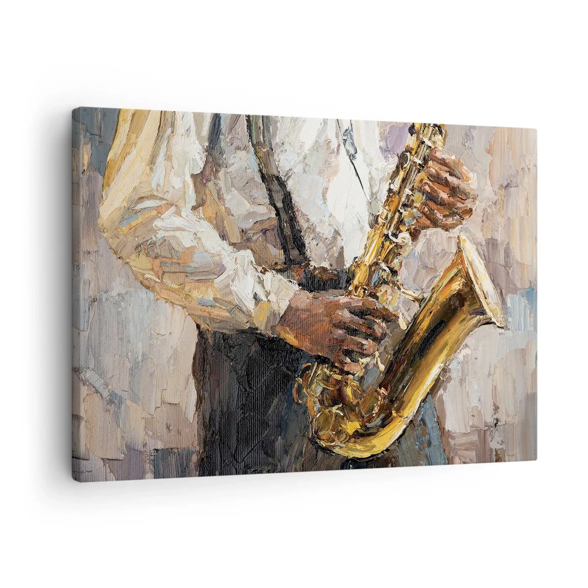 Obraz na płótnie - Muzyk grający na saksofonie w artystycznym stylu - 70x50cm - Czas na solo - Nowoczesna dekoracja ścienna do salonu i sypialni ARTTOR
