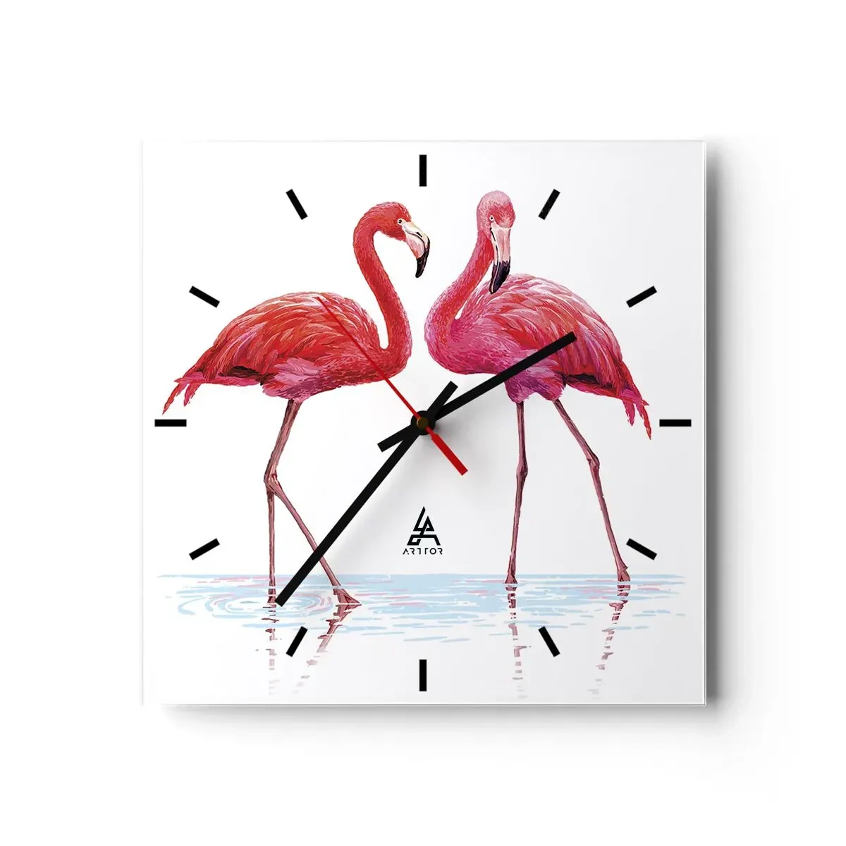 Zegar ścienny - Para flamingów w wodzie na jasnym tle - 30x30cm - Różowe randez-vous - Nowoczesna dekoracja ścienna do salonu i sypialni ARTTOR