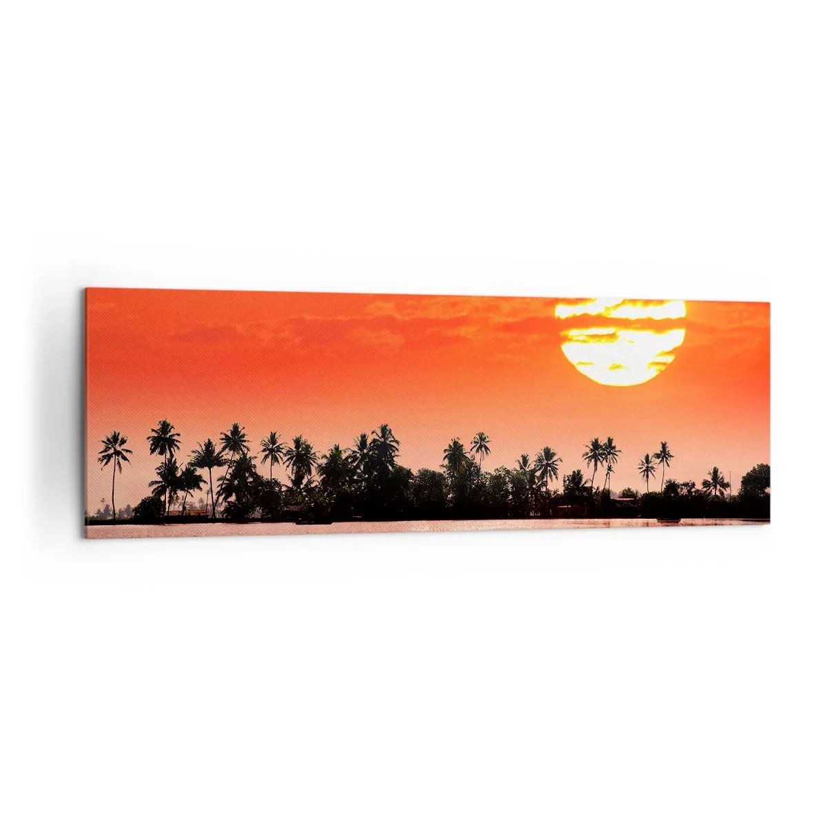 Obraz na płótnie - Tropikalny zachód słońca z łodzią na tle palm - 160x50cm - Spokój tropików o zachodzie - Nowoczesna dekoracja ścienna do salonu i sypialni ARTTOR