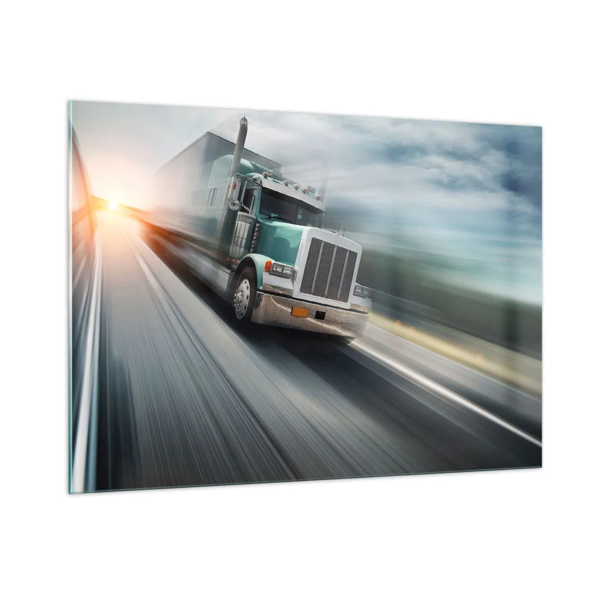 Obraz na szkle - Ciężarówka na autostradzie o zachodzie słońca - 100x70cm - Amerykański olbrzym w pędzie - Nowoczesna dekoracja ścienna do salonu, kuchni i sypialni ARTTOR