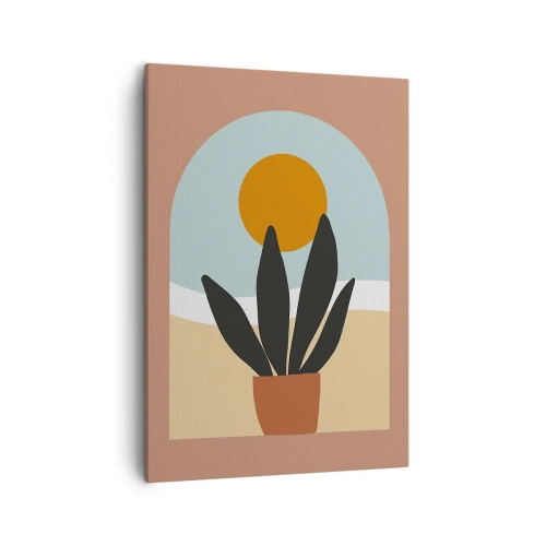 Obraz na płótnie - Minimalistyczna grafika doniczkowej rośliny na tle łuku z słońcem - 50x70cm - Drobne radości - Nowoczesna dekoracja ścienna do salonu, kuchni i sypialni ARTTOR