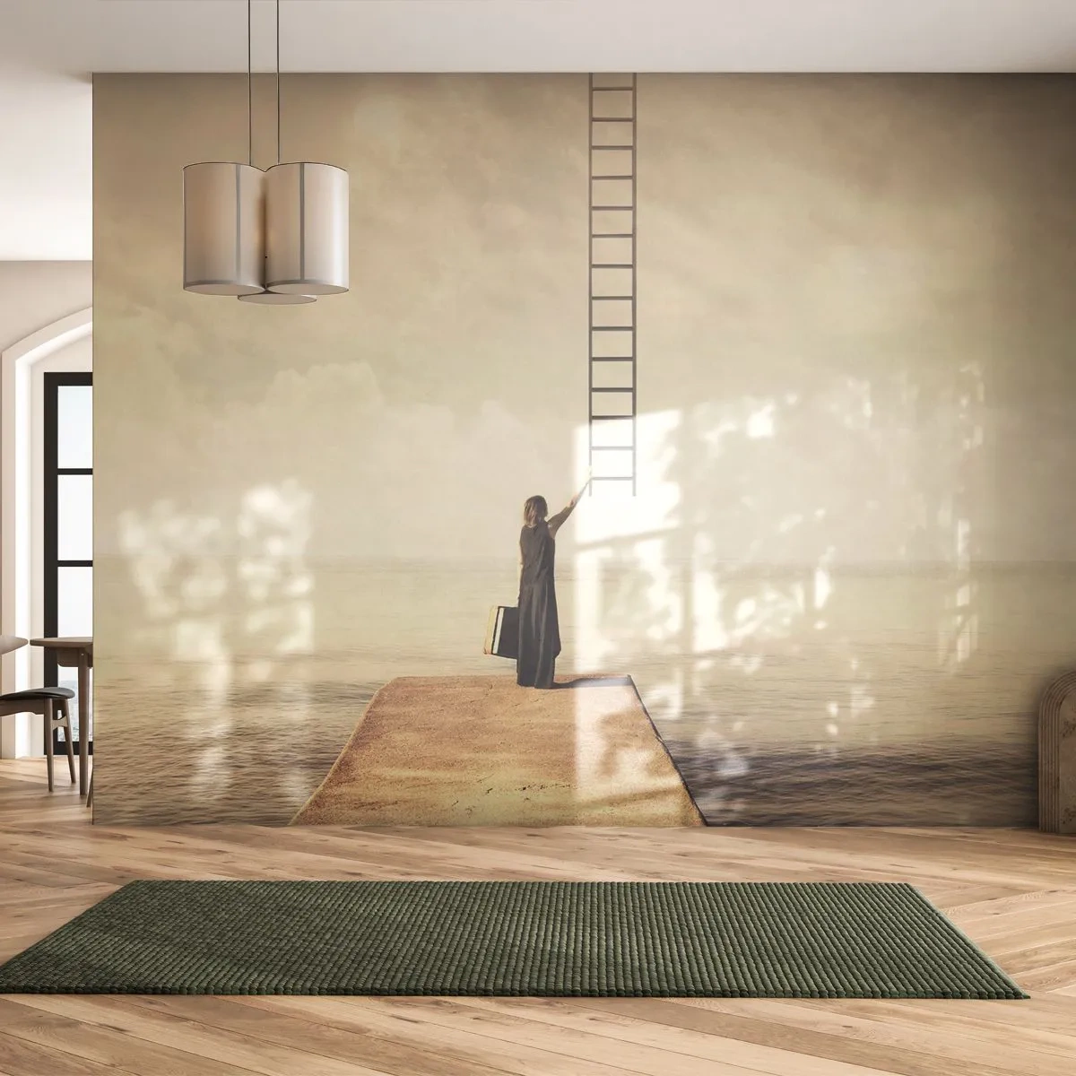 Fototapeta Premium Sand - Kobieta na pomoście sięgająca po drabinę - 100x70cm - Magiczna podróż - Nowoczesna dekoracja ścienna do salonu, kuchni i sypialni ARTTOR