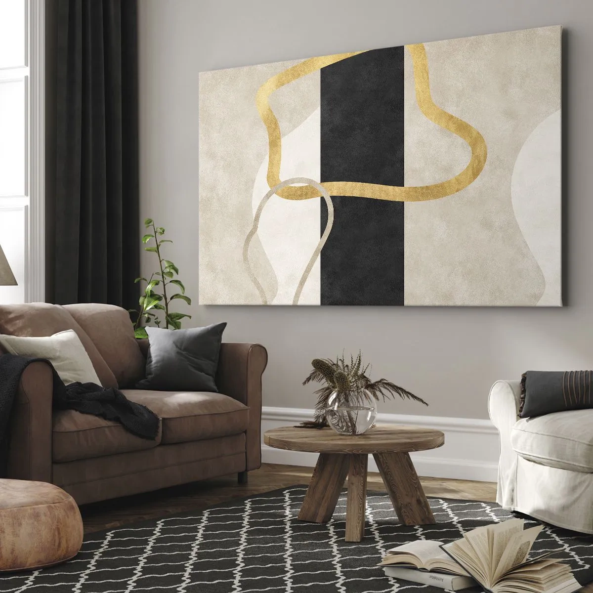 Obraz na płótnie - Minimalistyczny wzór z zapętlonymi kształtami w złotym i czarnym kolorze - 70x50cm - Kształty zapętlone - Nowoczesna dekoracja ścienna do salonu i sypialni ARTTOR