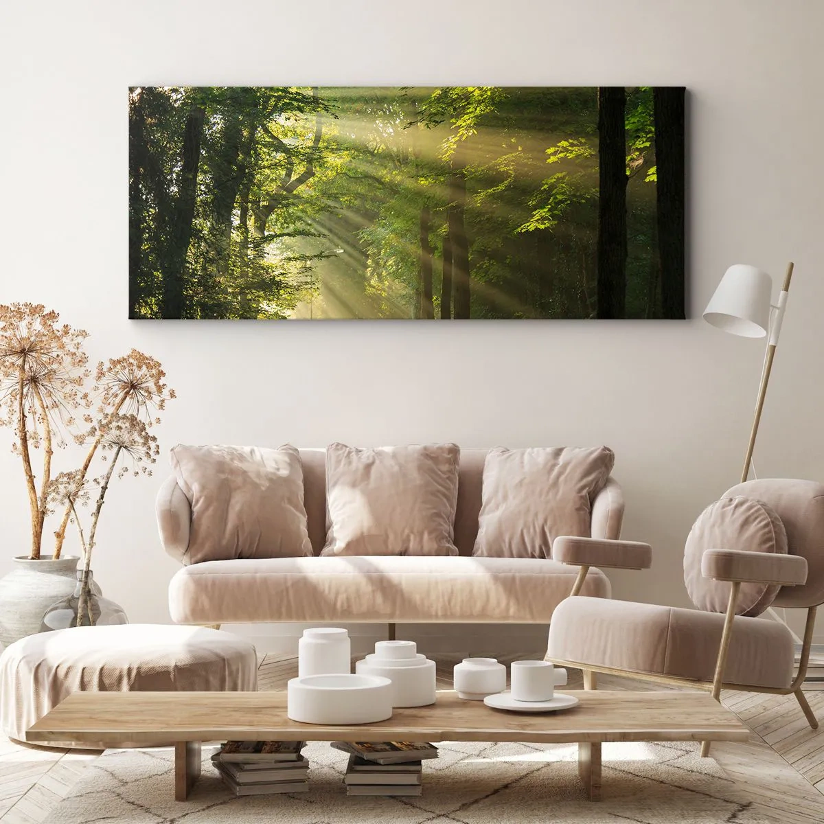 Obraz na płótnie - Ścieżka leśna z promieniami słońca przebijającymi przez drzewa - 120x50cm - Leśna chwila - Nowoczesna dekoracja ścienna do salonu i sypialni ARTTOR