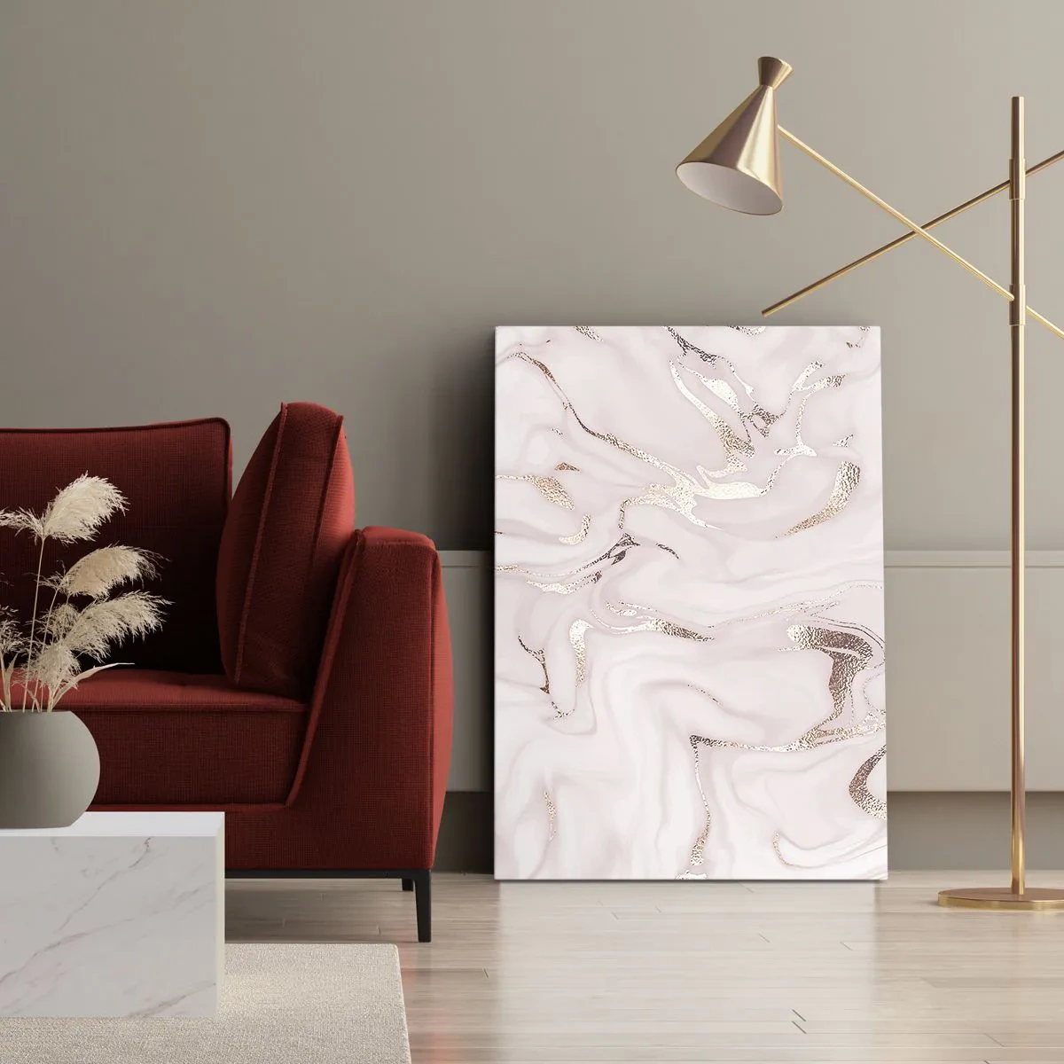 Obraz na płótnie - Elegancka abstrakcja w odcieniach różu i złota - 70x100cm - W różowym szale - Nowoczesna dekoracja ścienna do salonu i sypialni ARTTOR