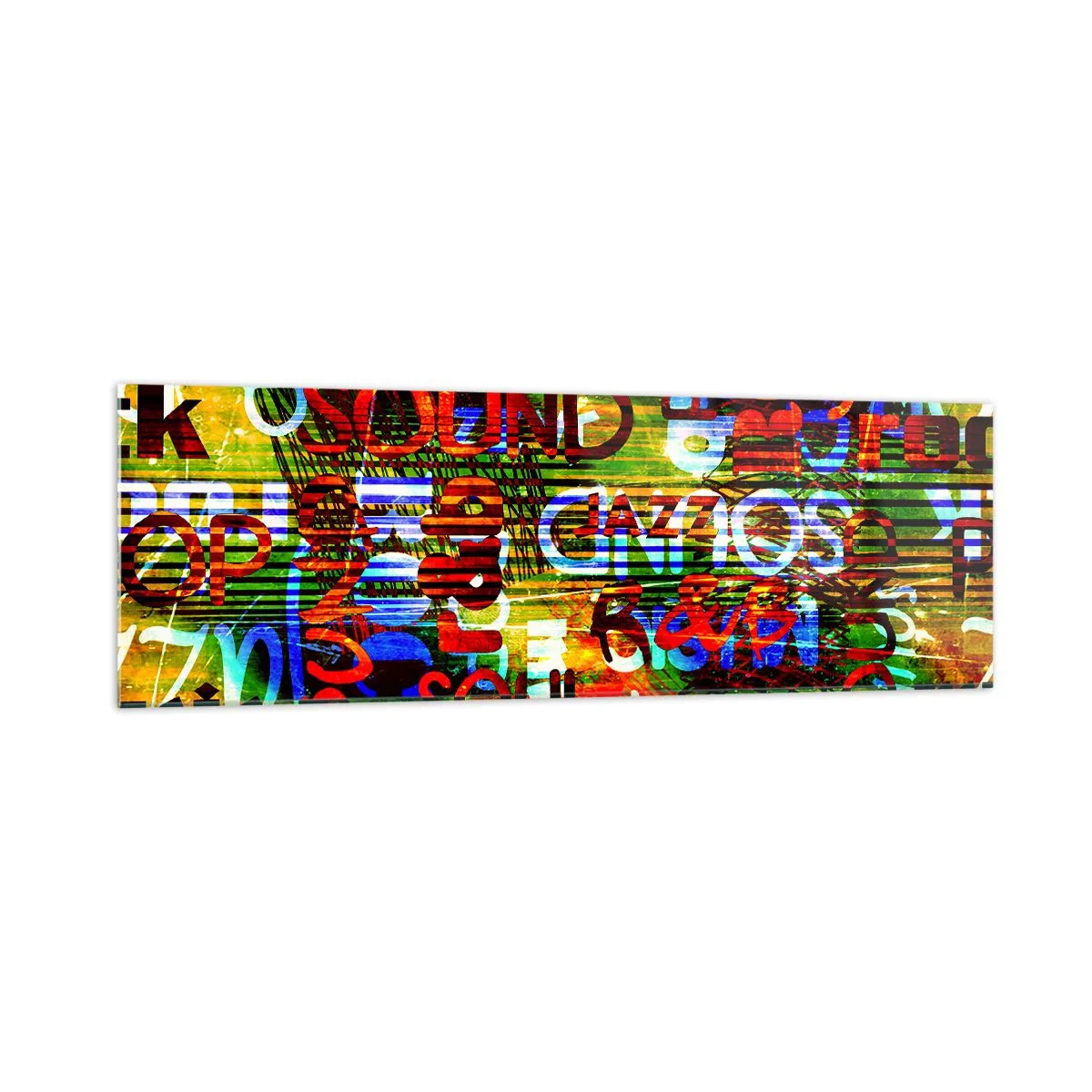 Obraz na szkle - Kolorowa abstrakcja z napisami muzycznymi w stylu pop-art - 160x50cm - Wszystkie barwy dźwięku - Nowoczesna dekoracja ścienna do salonu i sypialni ARTTOR
