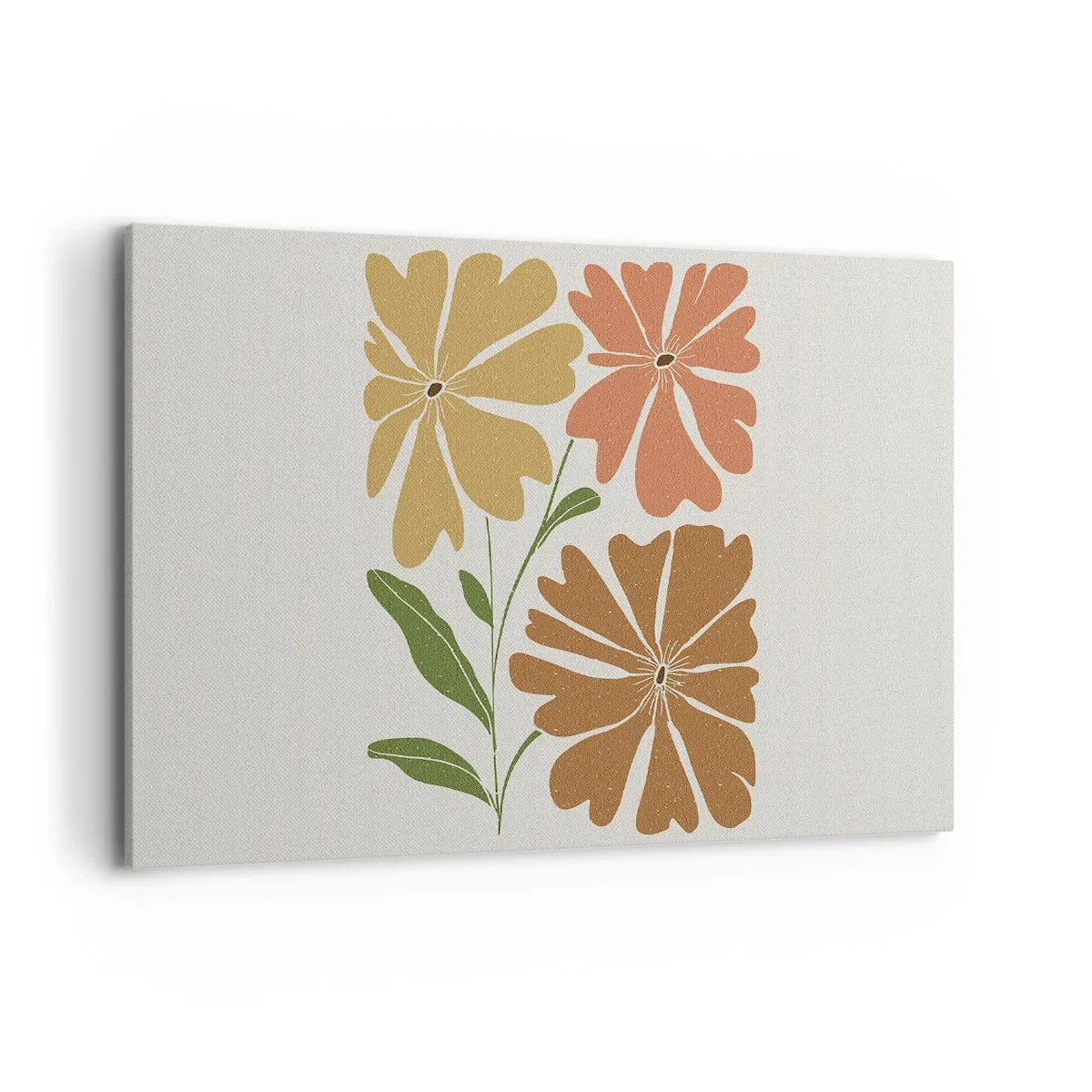 Obraz na płótnie - Trzy kwiaty w ciepłych barwach na jasnym tle - 100x70cm - Natura i geometria - Nowoczesna dekoracja ścienna do salonu, kuchni i sypialni ARTTOR