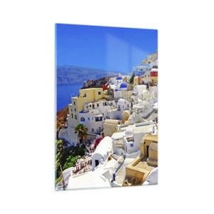 Obraz na szkle - Panorama Santorini z białymi domami i błękitnym niebem - 70x100cm - Marzenie o greckim lecie - Nowoczesna dekoracja ścienna do salonu i sypialni ARTTOR