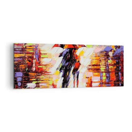 Obraz na płótnie - Abstrakcyjna scena spaceru pod parasolem w deszczową noc - 140x50cm - Razem przez noc i deszcz - Nowoczesna dekoracja ścienna do salonu i sypialni ARTTOR