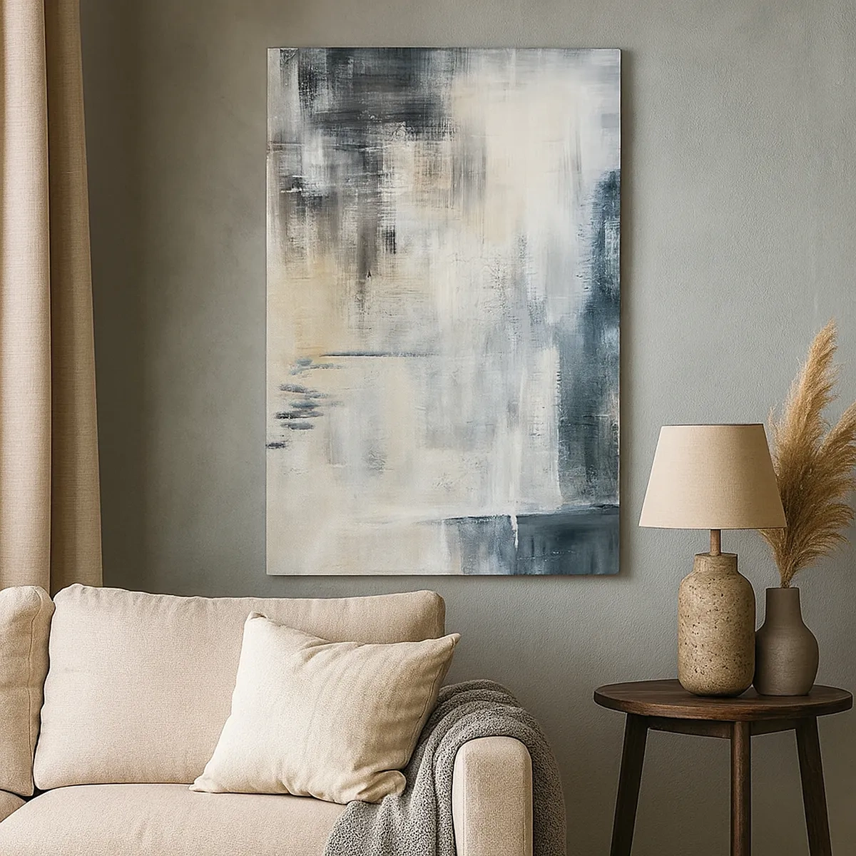 Obraz na płótnie - Abstrakcyjna kompozycja w odcieniach szarości, beżu i błękitu - 50x70cm - Za zasłoną błękitu - Nowoczesna dekoracja ścienna do salonu, kuchni i sypialni ARTTOR