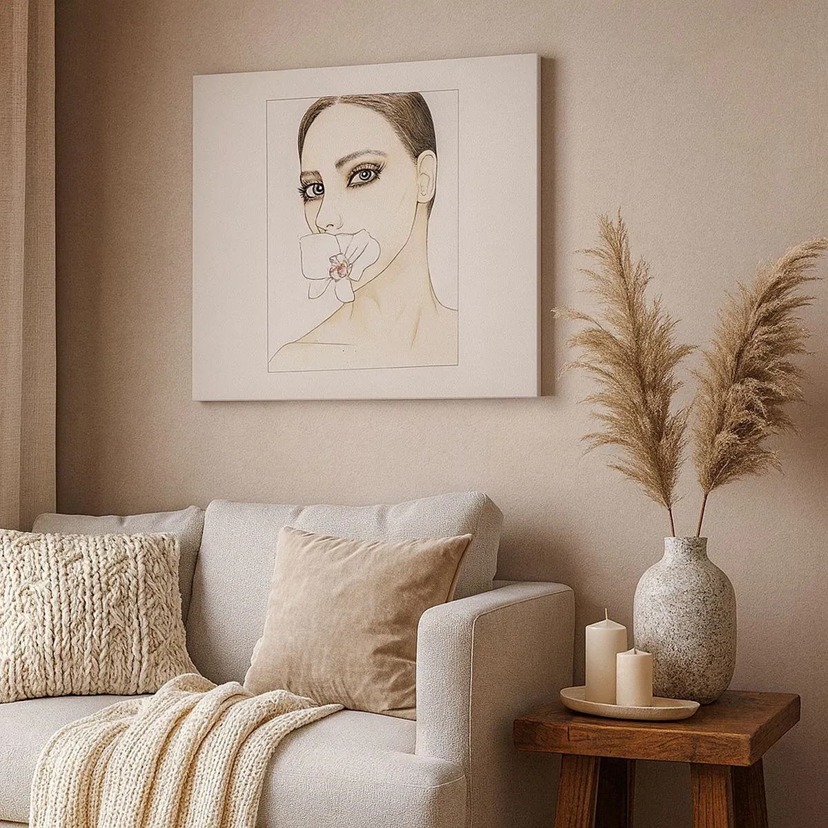 Obraz na płótnie - Portret kobiety z orchideą w delikatnych barwach - 70x50cm - Symbol elegancji i piękna - Nowoczesna dekoracja ścienna do salonu i sypialni ARTTOR